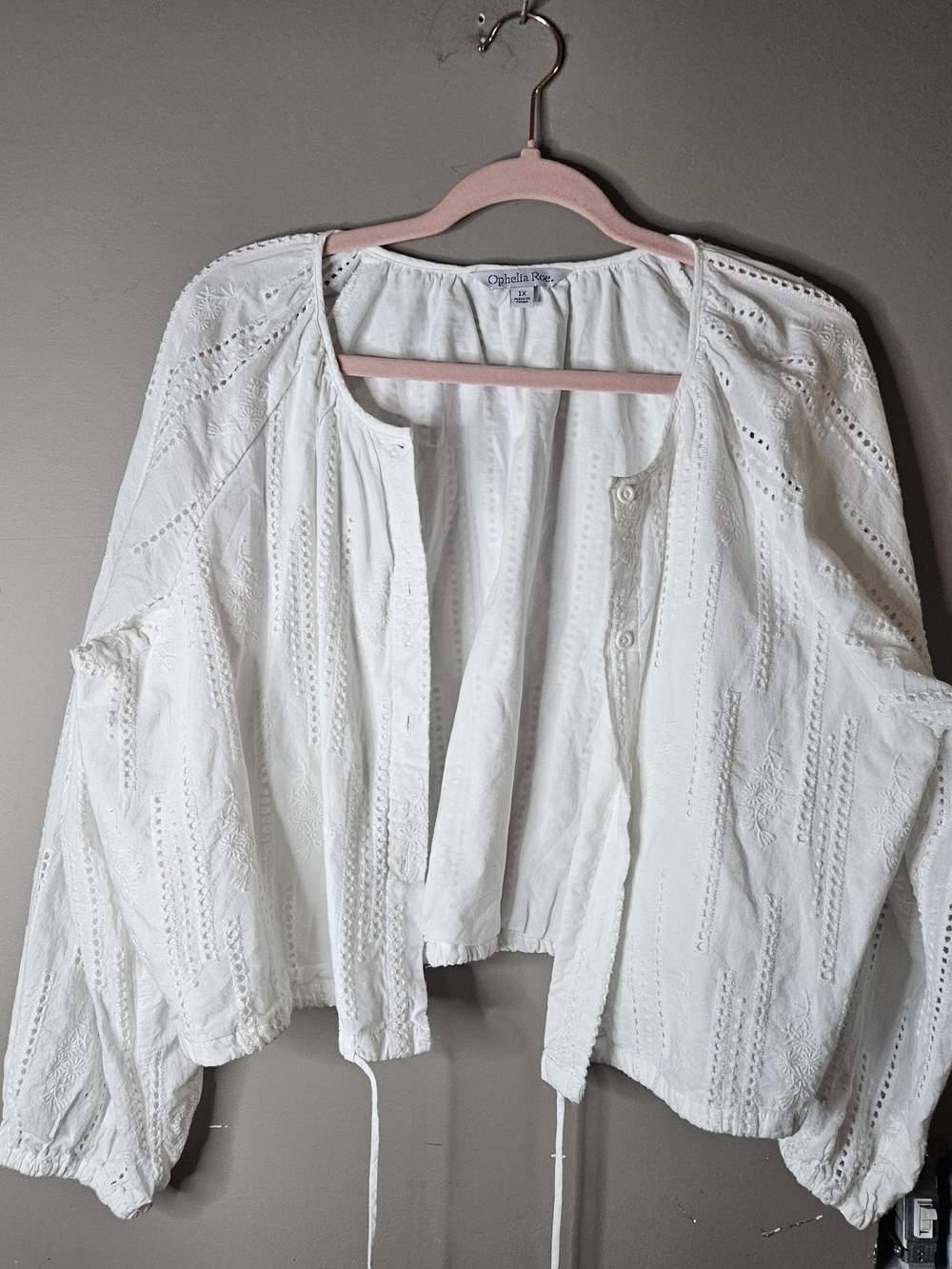White Eyelet Button-Front Jacket Size 1X Ptp 22" Length 37" Material 100% Cotton